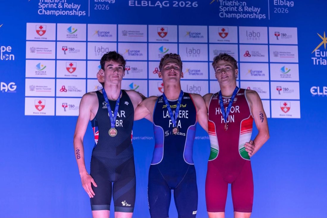 Michael Gar on the podium at the 2026 Europe Triathlon Sprint Championships in Elbląg